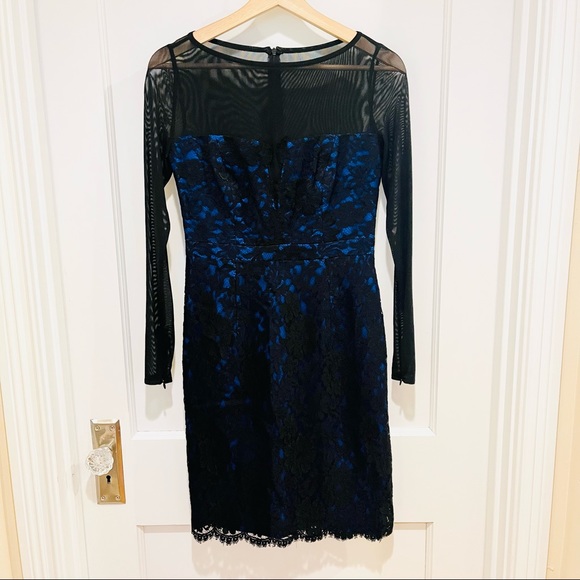 Monique Lhuillier Lace Long Sleeve Sheath Dress Black Blue 2